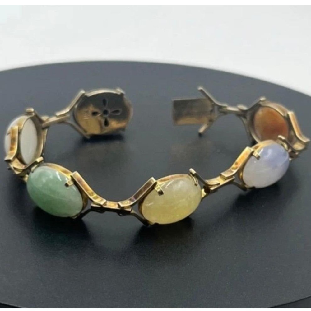 14K Gold Clasp Jade‎ Multi Color Jadeite Stone Cabochon Vintage 10-12k Bracelet